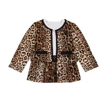 1-5Y Moda Dekleta Kompleti Oblačil Jesen Zima Dekleta Leopard Tiskanja Dolg Rokav Plašč Vrhovi+Mozaik Obleko 2Pcs Stranka Tople Obleke