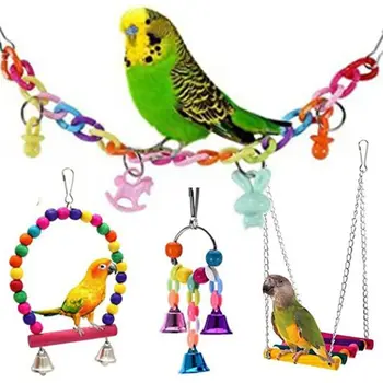 1 Nastavite Ptica Papiga Swing Žvečiti Igrače, Pisane Kroglice Zvonovi Stoji Gredi Pet Kletki Visi viseči mreži za Parakeets Ščinkavec Golobčka