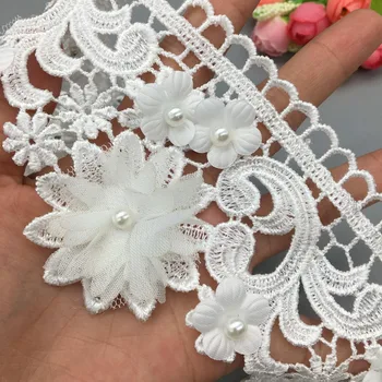 12x Letnik 3D Beli Cvet, Pearl Čipke Trim francoski Tkanine Traku Vezene Šivanje Plovila Za Poročno Obleko Dekoracijo