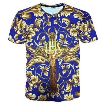 2017 Nov Prihod Razkošje T-shirt Moški Poletje Priložnostne Slim Royal Blue T shirt Moški Modni 3D Križ Zlati Cvet Baroqu T-shirt