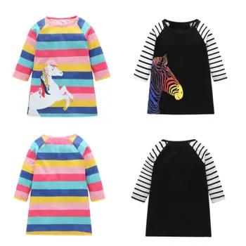 2018 Malčka, Otrok, Otroci, Dekleta Proge Obleke, Kompleti Malo Dekleta Jeseni Zebra Risanka Rainbow Unicorn Obleko Obleke