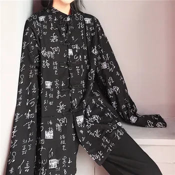 2018 Nove Ženske Gotike Letnik Kitajski Natisnjene Besede Dolg Rokav Kitajske Tang Opremljena Priložnostne Majice Harjuku Bluzo Plus Velikost Femme