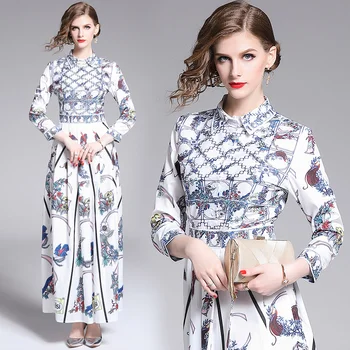 2019 Jeseni Boho Belo Tiskanje Maxi obleke za Ženske Priložnostne Dolg Rokav Moda Visoko Pasu Elegantno Club Stranka Obleko Vestidos A-Linije