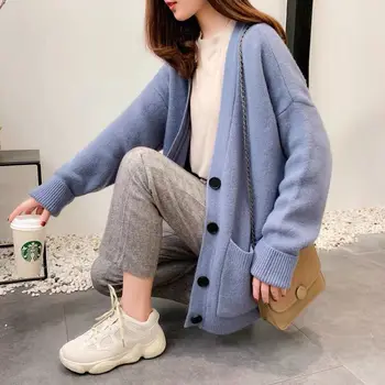 2020 jeseni in pozimi nove ženske pletene barva gumbov korejski svoboden vrh Proti-vrat moda temperament pulover cardigan
