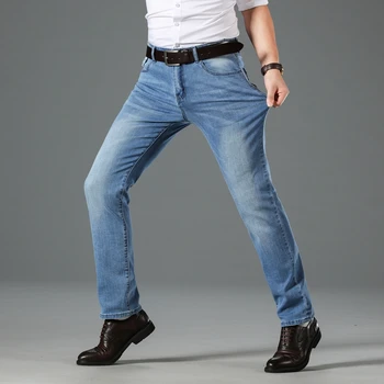2020 Jeseni Novo Vzoren Stil za Moške Stretch Slim Blue Jeans Business Casual Bombaž Redno Fit Traper Hlače Moški blagovne Znamke Hlače