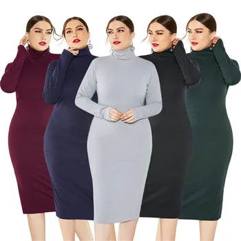 2020 Jeseni Seksi Turtleneck Jersey Pulover Obleko Pletene Bodycon Plus Velikost Obleka Ženske Elegantno Vitek Modni Dolgi Pulover Obleko