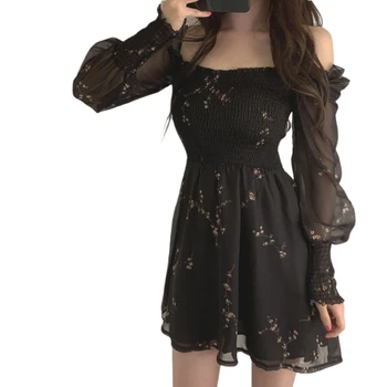 2020 Jeseni Ženska Seksi Črno Obleko Letnik Cvet Dolgo Puff Rokav Šifon Obleke Korejski Priložnostne Mini Vestidos Mujer Oblačila