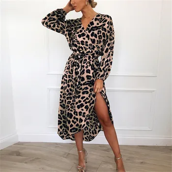 2020 Leopard Stranka Obleko Obleko Polno Svoboden Dolgimi Rokavi, Globok V-izrez A-line Seksi Šifon Long Beach Ženske Priložnostne Poletje Naravnih