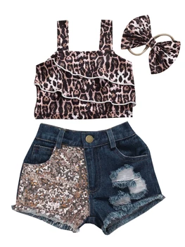 2020 Modnega Jeansa, Obleke za Malčke Baby Dekleta brez Rokavov Leopard Rastlinske telovnik Vrhovi Hipster Jean Hlače Hlače Poletna Oblačila, ki