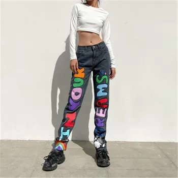 2020 novo naravnost priložnostne moda pismo natisnjeno kavbojke ženske mladine priljubljen Evropski in Ameriški stil bombaž hlače jeseni