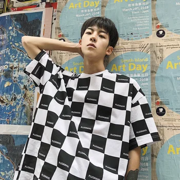 2020 Novo Ulzzang Harajuku korejski T-shirt Modni Črno Bele Šahovnice Kariran Kratka sleeved O Vratu, Ohlapno Priložnostne moška T-shirt majica