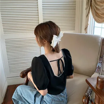 2020 poletje korejskem slogu puff kratek rokav nazaj seksi pearl vratu t srajce ženska t majica femme (ws241)