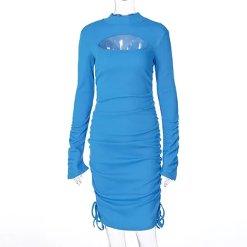 2020 Poletje Ženske Obleka za Vroče Slog Model Solid-barva Luknjo Dolge Rokave Evropske in Ameriške Skupine Bodycon Obleko