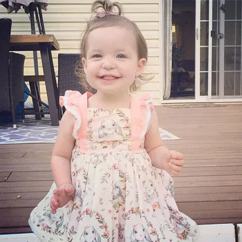 2020 Velikonočni Oblačenja Za Dekleta Malčka Velikonočni Dan, Risanka Zajec Tiskanja Backless Ruffle Obleko Letenje Rokav Baby Dekle Obleke Na Debelo