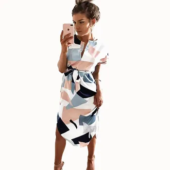 2020 Ženske Poletje Kratka sleeved Obleko Pasu Ženskast Temperament Elegantno Vitek, Proti-vrat Geometrijske Tiskanje Moda Nezakonitih Obleko