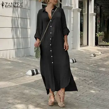 2021 Jeseni Priložnostne Ohlapno Majico, Obleko ZANZEA Ženske Dolgo Maxi Sundress Pol Sleeve Solid Vestidos Gumbi Haljo Femme Plus Velikost 5XL