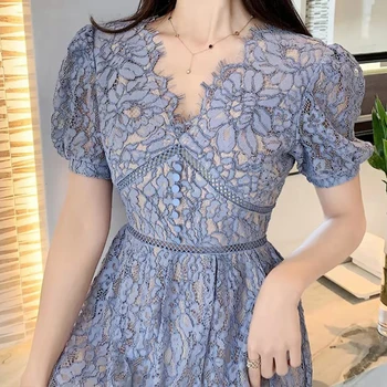 2021 Nov Eleganten Čipke Obleke za Ženske Kratek Rokav Proti-vrat Modra Bela Letnik Vestido Mujer Visoko Pasu Družico Ženska Obleka
