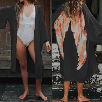 2021 Poletje Celmia Ženske Kimono Jopico Plus Velikost Vrhovi Nazaj Krila Tiskanja Dolge Srajce Priložnostne Rokav Bluzo Plaži Kritje