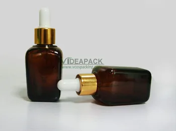 20pcs 25ml Amber stekleno kapalko kvadratni steklenico, kozmetični čajevca, eterično olje pipeto embalaža, posoda z zlato pokrov
