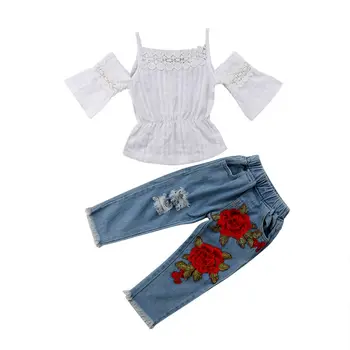 2Pcs Baby Toddler Otrok Dekliška Oblačila, ki Hladno Ramo Čipke Vrhovi Cvetlični Denim Dolge Hlače Jeans Obleke Poletje Stilsko Oblačila
