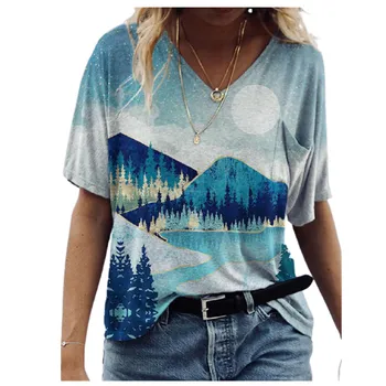 3D Pokrajino Tiskanje Ženske Majice Kratek Rokav Svoboden Priložnostne Vrhovi Prevelik Dame Tee Plus Velikost 3XL Poletje T Shirt 2021 Nova