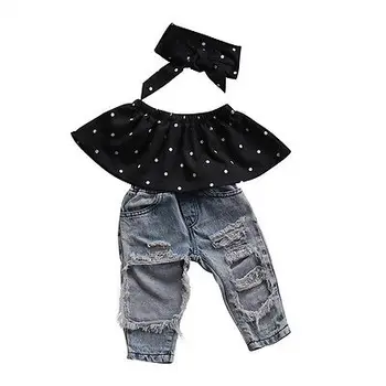 3pcs Obleko !! Moda Malčke Baby Dekleta Črno Bluzo Vrh +Luknjo Priložnostne Traper Hlače +Hairband Obleke Set
