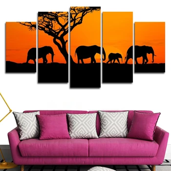 5 Kos Štirih Slonov Sunset Hoja Slike Drevo Plakat Platno Natisnjeni Wall Art Moderne Doma Dekor Slika, Slikarstvo Stenski Dekor
