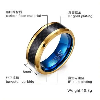 8 mm modra volframov karbid obroči zlata barva črna ogljikovih vlaken podolgovat poročni bend, nakit modni prst prstan za Moške