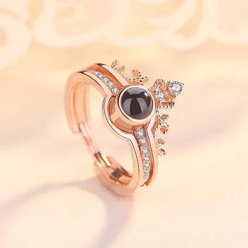 925 Sterling Silver/Rose Gold Ring Za Ženske Kamen Projekcija 100 Jezikov Ljubim Modo Posla Poročni Prstan Nakit