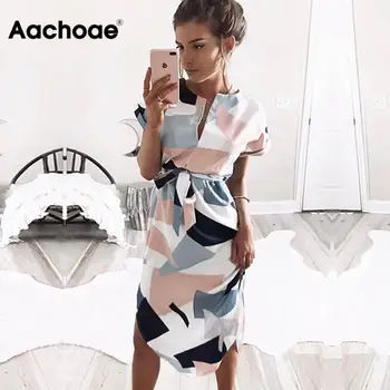 Aachoae 2020 Ženske Midi Stranke Obleke Geometrijske Tiskanja Poletje Boho Plaža Obleko Svoboden Batwing Rokav Obleka Vestidos Plus Velikost