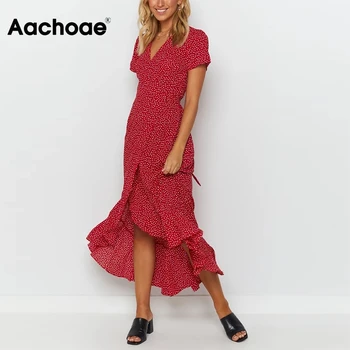 Aachoae Poletje Ženske Natisnjeni Dolgo Maxi Obleke 2020 Ruffles Kratek Rokav Priložnostne Zaviti Obleko V Vratu Split Boho Plaža Obleko Vestido