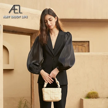 AEL črn blazer ženske modni organza puff rokav seksi V vratu slim suknjič elegantna dama nova