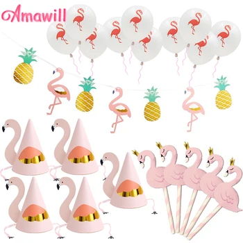 Amawill Flamingo Papir Buntings Party Klobuki, Roza Torto Toppers, Flamingo Latex Baloni za Rojstni dan Okraski Ananas Dekor 8D