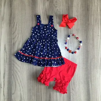 Baby dekleta poletje obleko otroci 4. julij obleke modre zvezde vrh trdna rdeče hlače otroci, ki so dan neodvisnosti, obleke z dodatki