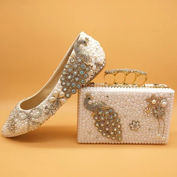 BaoYaFang White pearl Ženske poročni čevlji z ujemajočimi vrečke nevesta Visokih petah platforma čevlji Pav Ženske Paty čevelj in vrečko