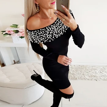 Beading Seksi Obleko Zimski Ženski Pearl Slim Kratek Bodycon Obleka Ženske Jeseni Leta 2019 Lady Poševnica Vratu Dolgimi Rokavi, Črne Obleke D30