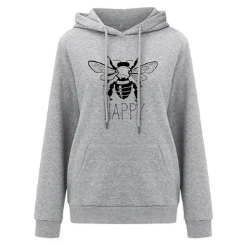 Bee Happy Graphic Majica Plus Velikost Ženske Shranite Čebele Natisniti Pismo Hoodies Puloverju Moda Rumena Oblačila Dropship O31