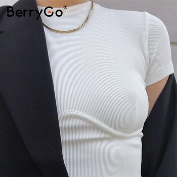 BerryGo prsih belo pleteno belušno majica ženska Fit osnovna barva kratek tees Črni krog vratu casual poletnih vrh ženske