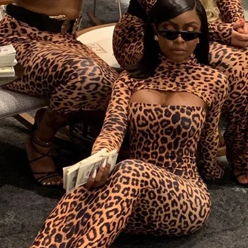 BIIKPIIK Dva Kosa Obleko Seksi Leopard Tiskanja Suh Clubwear Obleke z Dolgimi Rokavi Jeseni Bodycon Ženski Ulične Športna Oblačila