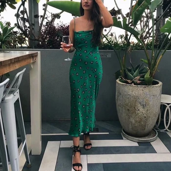 Bodycon zeleno obleko eleganten casual letnik Poletni obleki 2019 sundress boho plaži midi špageti trak cvetlični obleko vestidos