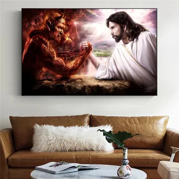 Bog Jezus Vs Satan Hudič Slikah Na Platnu Slikarstvo Plakatov In Fotografij Vere Wall Art Okras Za Krščansko Dnevna Soba