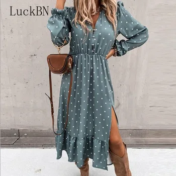 Bohemia Lady Gumb Natisni Jeseni Obleke 2020 Moda Priložnostne Dolg Rokav Stranka Obleko Ženske Čipke-Up Pasu Dolgo Obleko Vestidos Nova