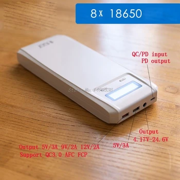(Brez Baterije) QD188-PD Dvojno USB QC 3.0 + Tip C PD DC Izhod 8x 18650 Baterije DIY Moči Banke Polje Imetnik Primeru Hitro Polnilnik