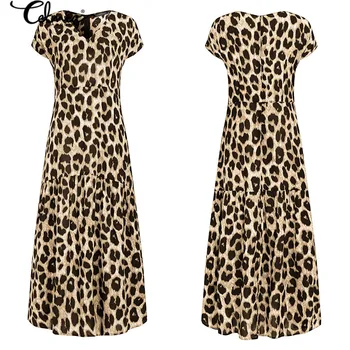 Celmia Seksi Leopard Tiskanja Dolga Obleka Ženske 2021 Poletje V Vratu Kratek Rokav Maxi Sundress Moda Stranke Obleke Šivanje Vestido