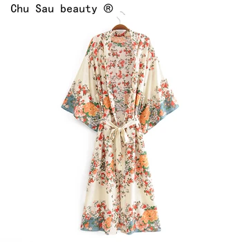 Chu Sau lepoto Nov Modni Boho Cvjetnim Tiskanja Dolgo Kimono Ženske Počitnice Proti-vrat Sashes Poletje Svoboden Dame, Dolge Obleke