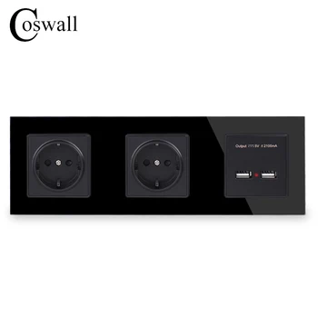 COSWALL Steno Kristalno Steklo Plošče Dvojno Napajanje Ozemljeno Vtičnico 16A EU Električno Vtičnico Z Dvojnim USB Smart Polnjenje Vrata 5V 2A