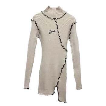 Debele Volne Obleko 2020 Jeseni in Pozimi Novo Visoko-vrat Vezenje Robom Režejo Mid-dolžina Super Stretch Pulover Krilo UK057