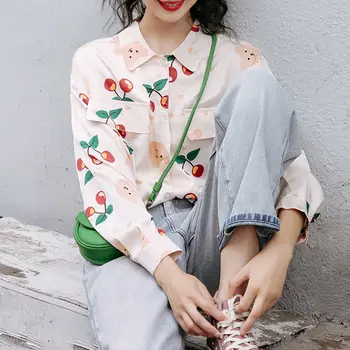 Deeptown Letnik Ženske Majice Srčkan Korejski Modni Stil 2020 Tiskanja Ženske Blusas Dolg Rokav Vrhovi Jeseni Svoboden Gumb Gor Majico