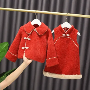 Dekleta Obleko Določa Pozimi Leta 2020 Letnik otroška Oblačila Baby Kitajske Tang Obleke Malčka Otroci Princesa Brezrokavnik Obleka+Plašč 2 Kosa