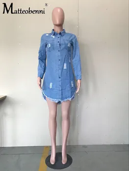 Denim Obleka Ženske Luknjo Rese Midi Obleko Modra Svoboden Dolg Rokav river Zapenjanje 2020 Jesenska Moda za Ženske Mini Obleka Nova